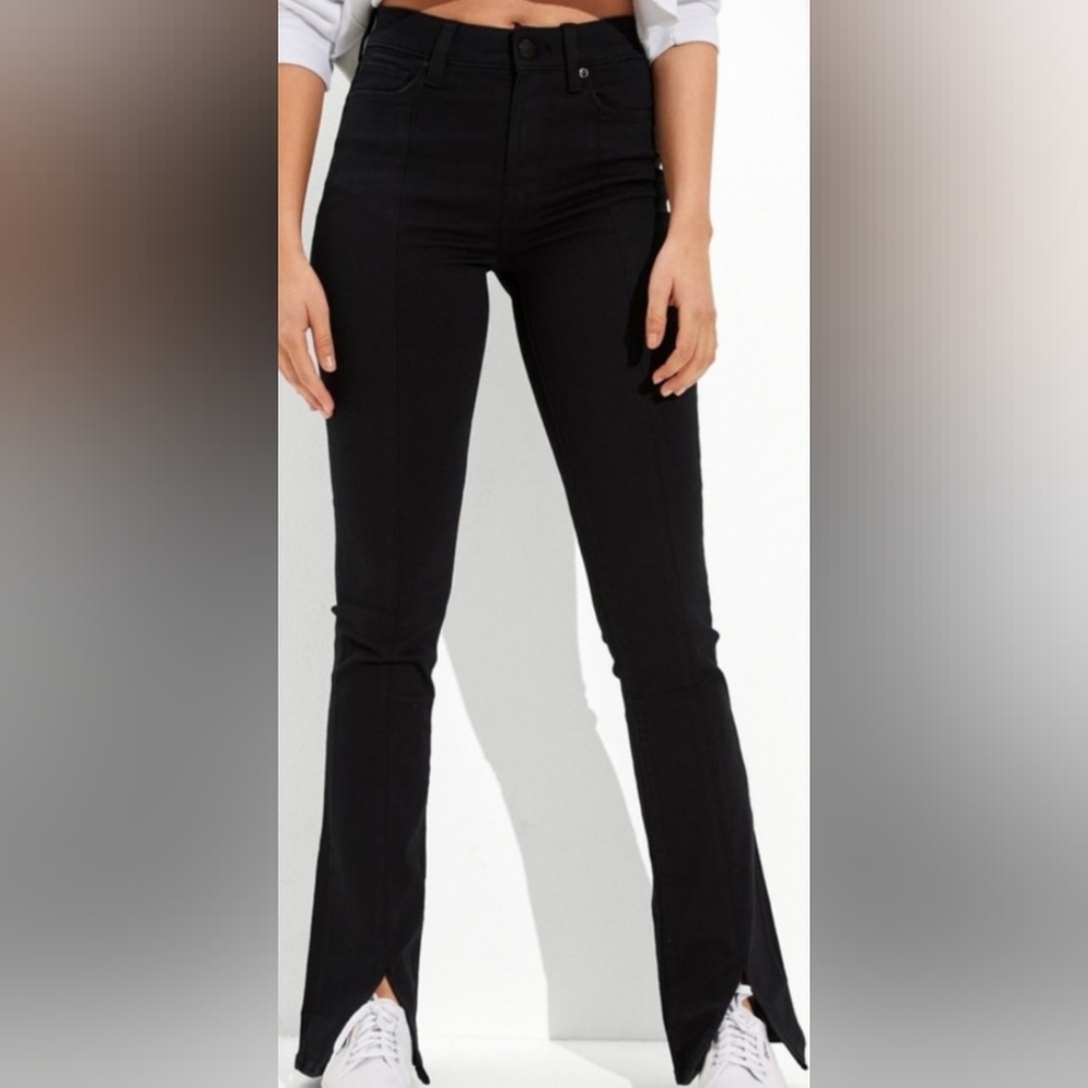 AE High Rise Skinny Kick Black Split Hem Jeans